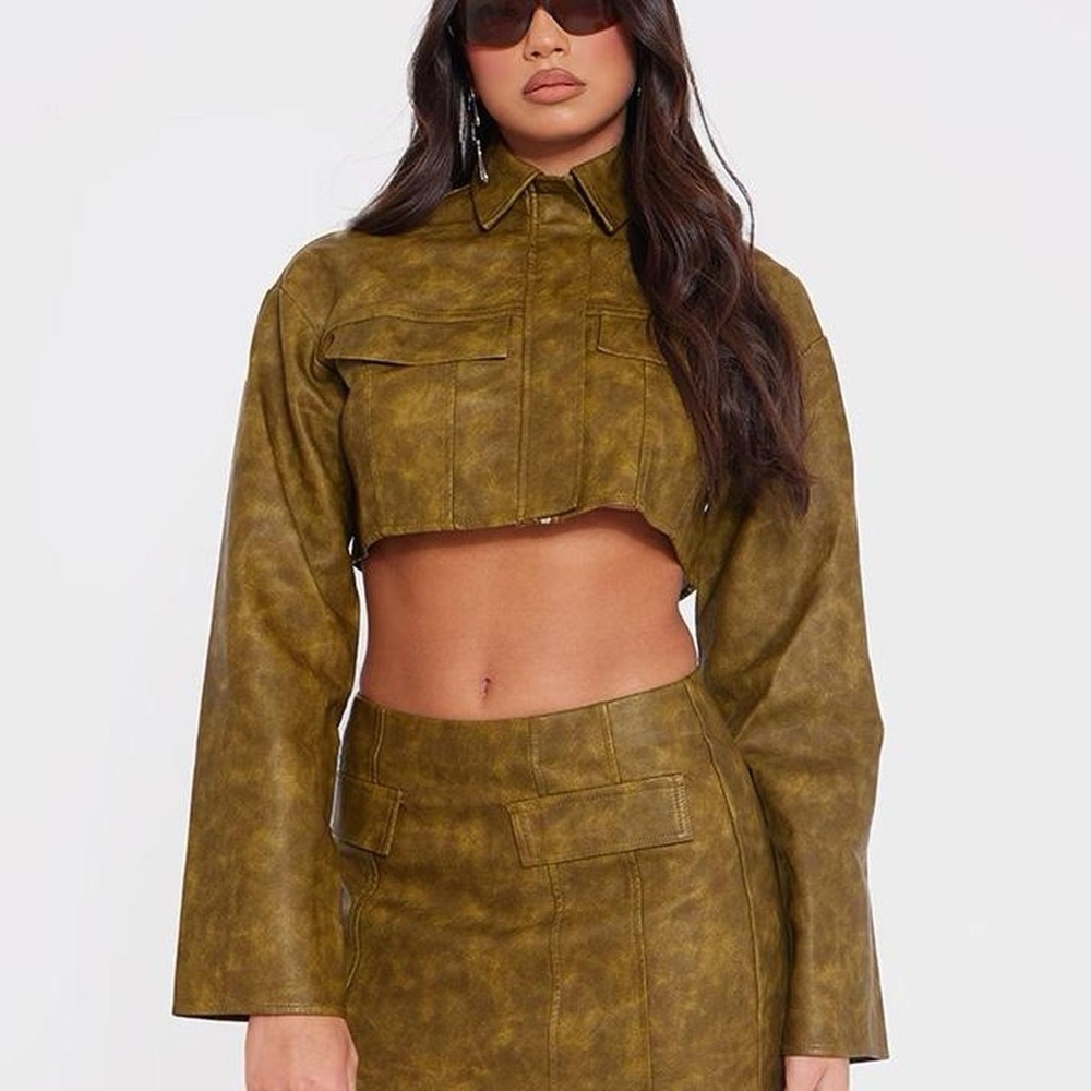 Olive Green Cropped Jacket and Skirt Set